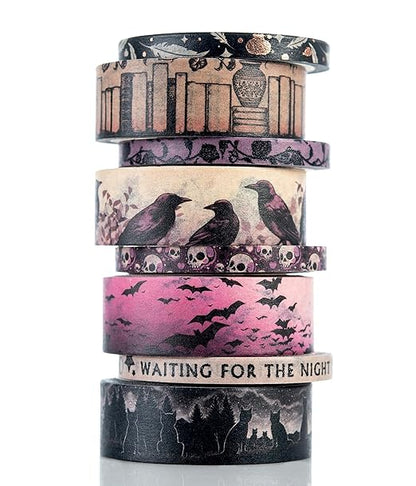 Conquest Journals Waiting for the Night Washi Tape Bundle, 8 Rolls, 4 15mm Rolls and 4 Corresponding 5mm Rolls, Goth Inspired Washi for All Your Planning, Journaling and Scrapbooking Projects