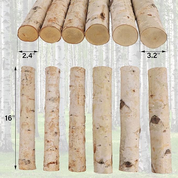 6-Pack White Birch Logs for Fireplace - Birch Tree Logs for Decoration, Decorative Firewood for Faux Mantel, Indoor Decor, DIY Crafts, and Planter Decoration (2.4"-3.2" Dia. x 16" Long)