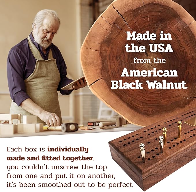 Alex Cramer Le Club Luxury Domino Set with USA-Made Handcrafted Walnut Case and Cribbage Top - 28 Tournament Quality Indestructible Spinner Dominoes. Gold & Nickel pegs