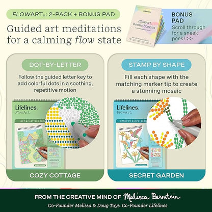 Lifelines FlowArt Activity Pad, 2-Pack & Bonus Pad - Guided Dot Art Meditations with Markers - Dot-by-Letter & Stamp-by-Shape Coloring Books for Tweens, Adults & Seniors
