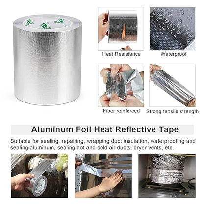 BOMEI PACK Adhesive Aluminum Foil Heat Shield Tape Barrier, Fiberglass Thermal Insulation Reflective Material High Temp Protection (5in*66ft)