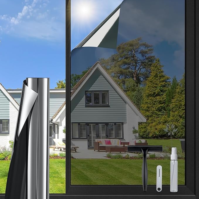 DOWELL One Way Window Privacy Film with 3 Tools Window Tint for Home Sun Blocking Heat Control Anti UV Reflective Mirror Covering See Out Not in for House and Office Black Silver 23.6" X 157.4"