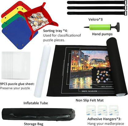 Portable Puzzle Mat Roll Up - with 9 Glue Sheets, Sorting Trays, Hand Pump, Inflatable Tube, and Storage Bag - Perfect for Kids and Adults (Black, 1500pcs)