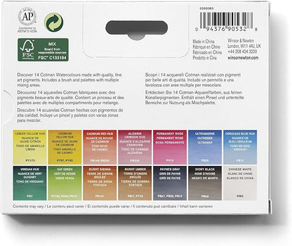 Winsor & Newton Cotman Watercolor Paint Set, Field Set, 14 Half Pan w/ Brush, Mixing Palette