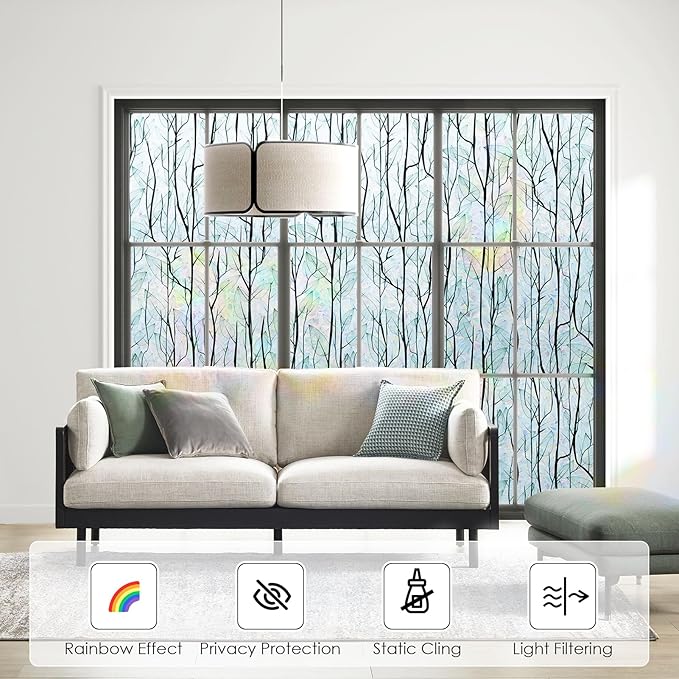 DKTIE Nature Pattern Rainbow Window Film Decorative Stained Glass Window Film Static Cling Films Easy Apply Removable Comes with Tools (U1747-rainbow, 35.4" x 118.1")