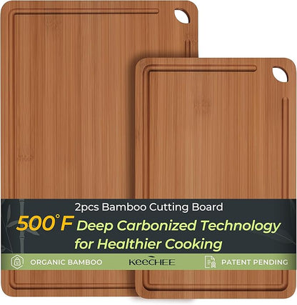 Butcher Block 2-Pcs Carbonized Bamboo Cutting Board Set With Juice Groove For Meal Prep & Cheese Serving - Ideal Kitchen Gift Set of 2 (M+L)