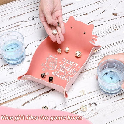 Cat Dice Tray Pinkk for Rolling Funny Folding Leather Dice Tray Portable Travelling Dice Storage Accessories Decorative Desk Organizer for RPG, DND Game Players