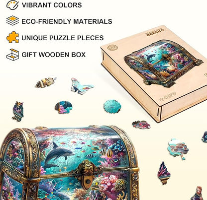 Wooden Puzzles for Adults, Treasure Chest Ocean Wooden Jigsaw Puzzle Unique Shape Animal Wood Puzzles Adult 3D Visual Effect, Birthday Gifts for Puzzle Lovers Family Games (S-8.5 * 8.1in-100pcs)