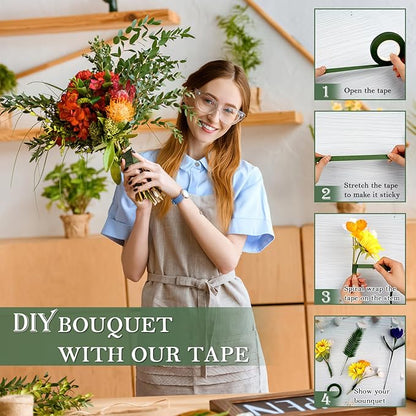 8 Rolls Floral Tape, 1/2" Wide Flower Tape, Dark Green Floral Tape for Fresh Flowers, Adhesive Florist Tape for Floral Crafts, Bouquet Floral Arranging Stem Wrapping, Wedding Bouquet, 30Yard
