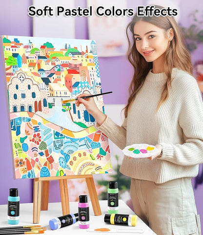 40 PCS Pastel Acrylic Paint Set with 12 Brushes, 2 Knives & Palette, 24 Colors (2oz/60ml) Art Craft Paint for Adults Kids Artists Beginners, Halloween Pumpkin Canvas Ceramic Rock Painting Kit