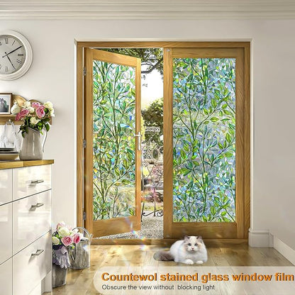 Window Privacy Film Stain Glass Window Film Rainbow Window Film Window clings Non-Adhesive Reusable Decorative for Room (Leaf Rainbow, 45.2 x 157.4 in)