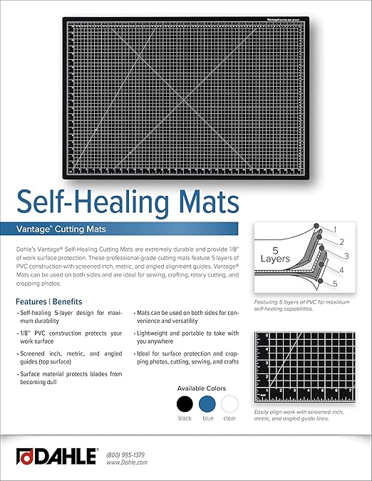 Dahle Vantage 10683 See-Through Premium Self-Healing Cutting Mat, 24"x36", 1/2" Grid, 5 Layers for Max Healing, Perfect for Crafts & Sewing, Clear