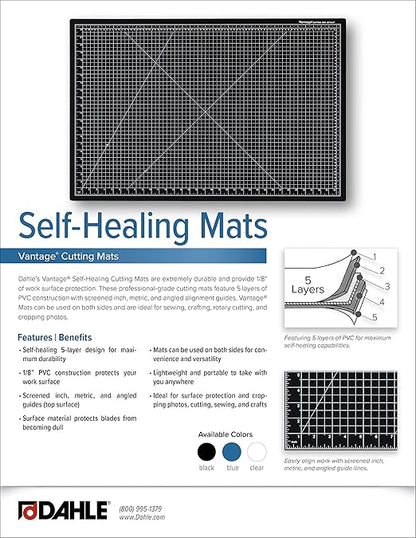 Dahle Vantage 10682 See-Through Premium Self-Healing Cutting Mat, 18"x24", 1/2" Grid, 5 Layers for Max Healing, Perfect for Crafts & Sewing, Clear