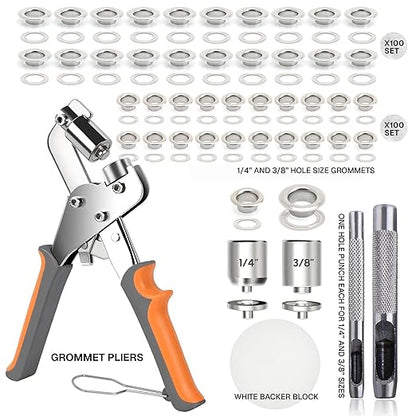 CRAFTMEMORE Grommet Tool Kit with 200 Silver Grommets, 3/8 and 1/4 inch Double Head Pliers, for Tarps, Fabric Rings, Leather, Tents, Vinyl, Canvas