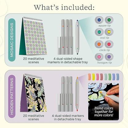 Lifelines FlowArt Activity Pad, 2-Pack - Guided Art Meditations with Markers - Mediterranean Mosaic Designs & Animal Hidden Patterns - Coloring Books for Teens, Adults & Seniors