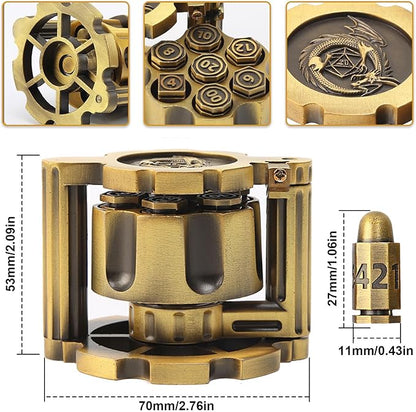Bullet Dice, Revolver Bullet Metal Dice Set with Spinning Revolver Cylinder Container & Seven Polyhedron Dices for Sci-Fi, War, Crime Theme Tabletop Games