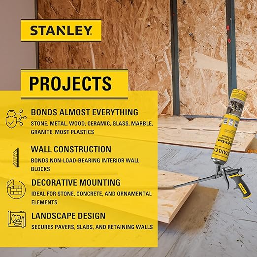 Stanley Quick Bond Adhesive Foam - 1x24oz, Reliable Bond Adhesive for Various Materials, Strong bonding, No Mixing, Gun Use, Including Gun, Cleaner | 1 Pack