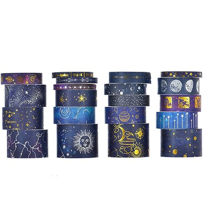 20 Rolls Galaxy Washi Tape Set Stars Arts Adhesive Tapes Gold Silver Foil Decorative Masking Tape Sets for Craft, Kids, Scrapbook, DIY, Gift Wrapping