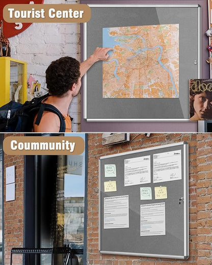 38"x38" Enclosed Bulletin Board, Lockable Weather-Resistant Aluminum Cork Noticeboard for School & Office, Silver Frame w/Grey Flet