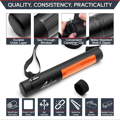 Quiver Time Black XL Orion Playmat Tube - TCG MtG Playmat Tube Case with Waterproof Zipper, Hidden Dice Pocket, Adjustable Removable Shoulder Strap, See-Through Window, Fits 14" and 15" playmats