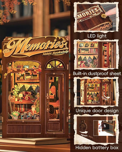 CUTEBEE Book Nook Kit - DIY Miniature House Dollhouse Kit for Adult and Teens, Booknook Bookshelf Decor Alley Model Build with LED Light, Gifts for Family and Friends (Memories Music Bookshop)