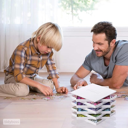 Tidyboss 8 Puzzle Sorting Trays with Lid 8" x 8" - Portable Jigsaw Puzzle Accessories White Background Makes Pieces Stand Out to Better Sort Patterns, Shapes and Colors | for Puzzles Up to 1500 Pieces