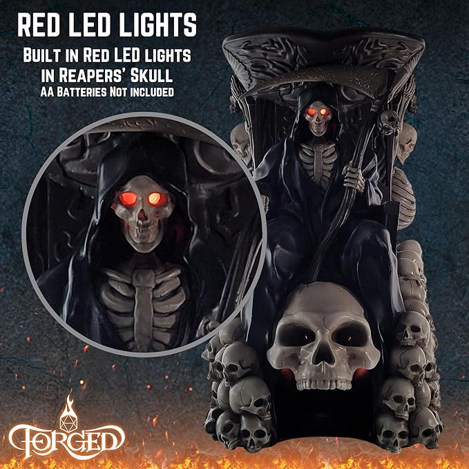 Forged Dice Co. Grim Bones Dice Tower with LED Skull Eyes - Hand Painted Grim Reaper Throne - Dice Rolling Tower Compatible with DND Accessories