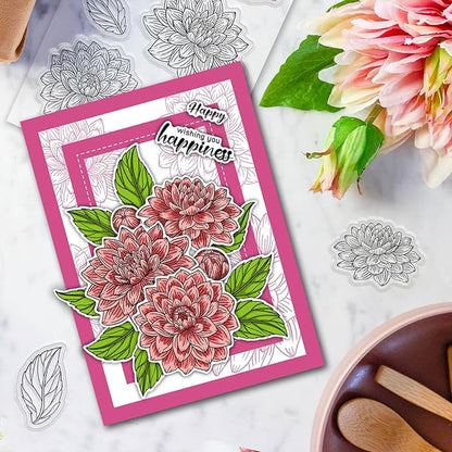 ORIGACH Dahlia Layering Stencil Stamp and Die Set for Card Making, Flower Stencil Template Silicone Clear Stamps and Metal Die Sets for DIY Scrapbooking Photo Album Crafting