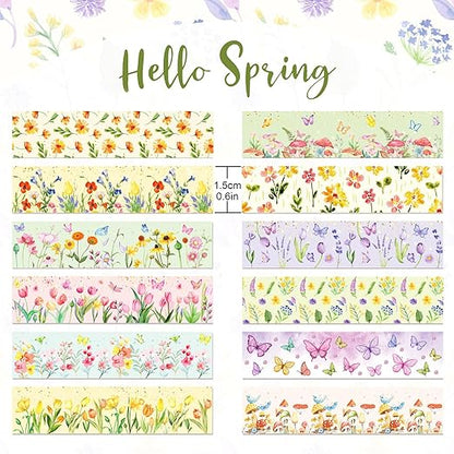 12 Rolls Spring Floral Washi Tape Set, Butterfly Tulip Flower Masking Tapes, Summer Decorative Paper Tape for Scrapbooking Journaling DIY Crafts Gift Packaging 16.4FT