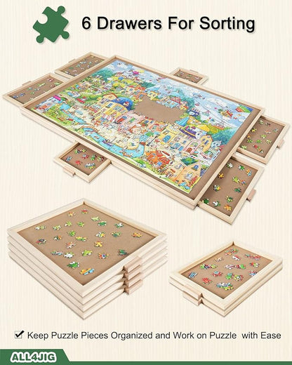 ALL4JIG 1500 Pieces Rotating Puzzle Board with 6 Drawers and Cover,25"x34"Portable Wooden Jigsaw Puzzle Table for Adults,Lazy Susan Spinning Puzzle Boards Birthday Gift for mom