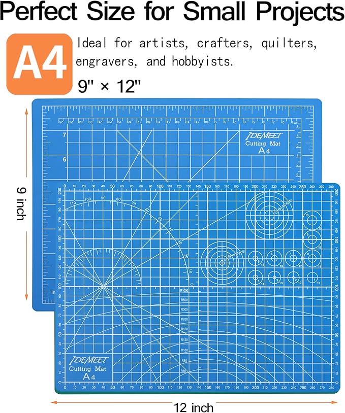 Density-upgraded 9"x12" Self Healing Cutting Mat, Idemeet Rotary Sewing Mat for Crafts, 5-Ply Blade Table Protector Cut Board for Fabric Leather Cutting Quilting Modeling Hobby Project, A4, Blue