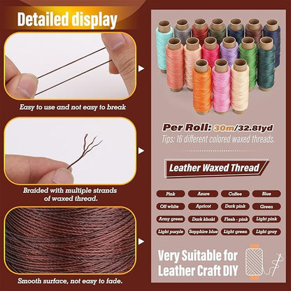 0.8 mm Leather Sewing Thread, 16 Colors 32 Yards Waxed Thread, Round Waxed Thread,Wax String for Bracelet Making, Sewing Stitching, Bookbinding, Braiding, Beading