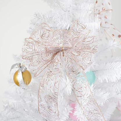 MEEDEE Floral Rose Wired 2.5 Inch Rose Gold Organza Sheer Ribbon, Wedding Bouquet Ribbon, 25 Yards Roll, Pink, For Crafts, Valentine Bow Making, Decor