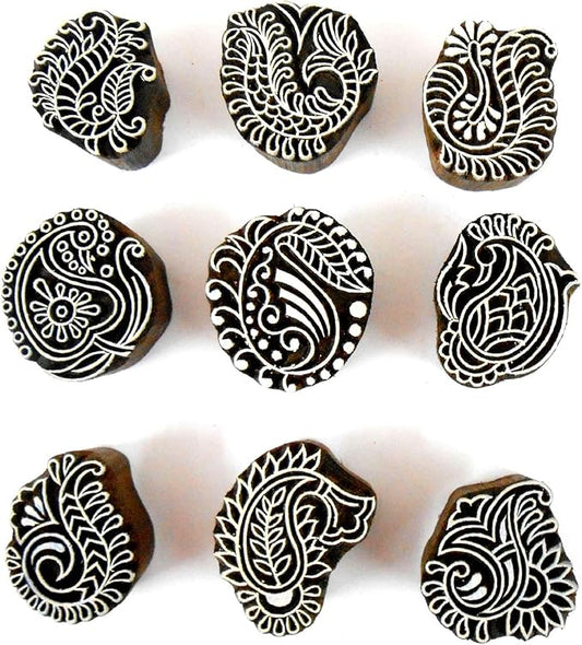 Crafts of India Stylish Paisley Wooden Blocks for Stamping, Block Printing on Textiles, Pottery Crafts,Henna, Scrapbooking, Wall Painting (Set of 9)