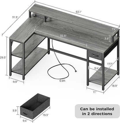 SUPERJARE 53 inch Reversible L Shaped Desk with LED Lights & Power Outlets, Computer Desk with Shelves & Monitor Stand, Gaming Desk with Drawer, Home Office Desk Corner Desk, Grey