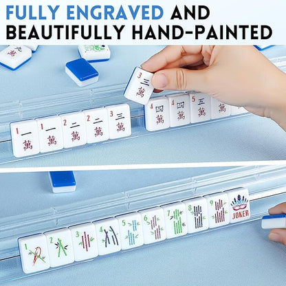 American Mahjong Tile Set,166 Tiles White Blue Acrylic Carving Tiles,Mahjong Game Set with Portable Travel case(Racks Not Included)