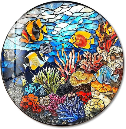 My Photostation.com 31.5''(80cm) Diameter Coral Reef Mosaic Round Glass Wall Art Tempered Glass Printing Wall Decor Large Wall Art Wall Hangings