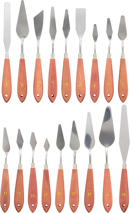 U.S. Art Supply 18-Piece Stainless Steel Palette Knife Set for Acrylic Painting - Wood Handle Paint Spatula Tools for Oil, Canvas Art - Painting Knives for Mixing, Texturing - Pallet Knives for Art