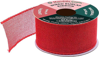 Mandala Crafts Red Burlap Wired Ribbon 2 Inches Wide Jute Ribbons for Crafts - 10 Yds Roll Rustic Burlap Wrap Trim Ribbons for Wreaths Bows Party Decoration