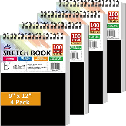 WINNER 9" x 12" Sketch Book 4 Pack, 400 Sheets Spiral Bound Art Sketchbook, 68lb/100gsm White Acid Free Drawing Pad, Painting Drawing Writing Sketch Pad, Art Supplies for School, Kids, Adults &Teens