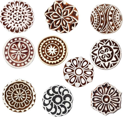 Royal Kraft Round Wooden Printing Stamps (Set of 10) - DIY Henna Fabric Textile Paper Clay Pottery Blocks Htag2181