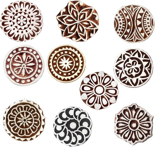 Royal Kraft Round Wooden Printing Stamps (Set of 10) - DIY Henna Fabric Textile Paper Clay Pottery Blocks Htag2181