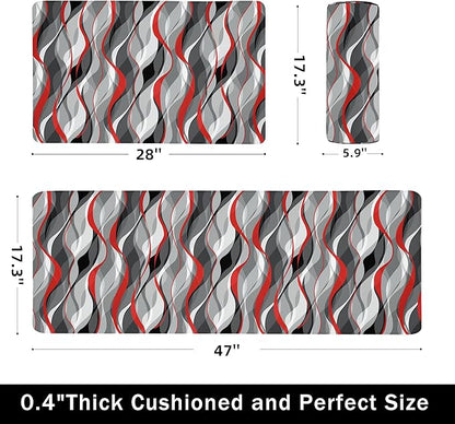 Kitchen Mats for Floor Modern Abstract kitchen rugs Grey and Red Stripe Anti Fatigue Kitchen Mats Waterproof Floor Mats Cushioned Non-Skid Standing Mats for Kitchen, Set of 2,17.3 x 28+17.3 x 47