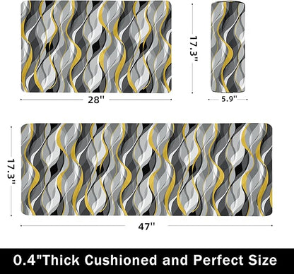 Kitchen Mats for Floor Modern Abstract kitchen rugs Grey and Yellow Stripe Anti Fatigue Kitchen Mats Waterproof Floor Mats Cushioned Non-Skid Standing Mats for Kitchen, Set of 2,17.3 x 28+17.3 x 47