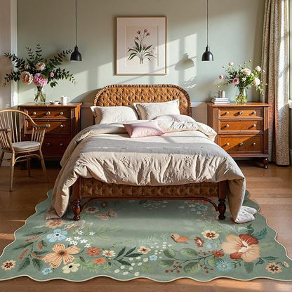Beeiva Washable Rugs 5x7 - Scalloped Floral Printed Soft Non Slip Green Rug for Bedroom Under Bed Boho Living Room Rugs Ultra-Thin Low Pile Carpet for Playroom Dining Room Dorm(Green,5x7ft)