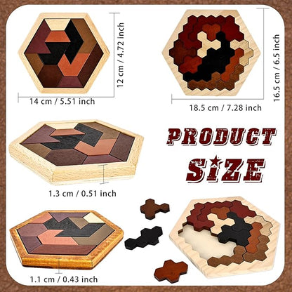 6 Pack Wooden Hexagon Tangram Puzzle Wood Tangram Block Puzzle Set with Storage Bag for Challenge Intelligence Teasers Logic Mind Game