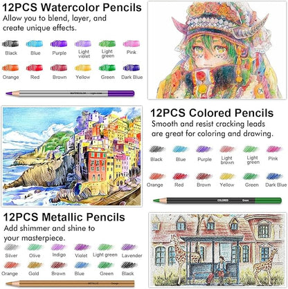 Art Supplies Drawing Kit, 74Pcs Drawing Pencils for Sketching - Include Colored, Graphite, Colored, Metallic, Charcoal Pencil, Ideal Gift for Beginners & Professional Artists Teens & Adults