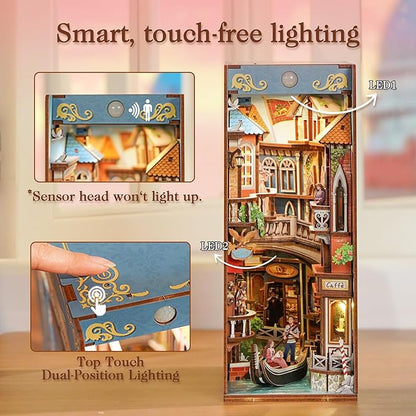 Tonecheer DIY Book Nook Kit for Adults, 3D Wooden Puzzle Bookend Miniature House Kit, Booknook Bookshelf Insert Decor with Dust Cover and LED Lights Gifts (Venetian Dreams)
