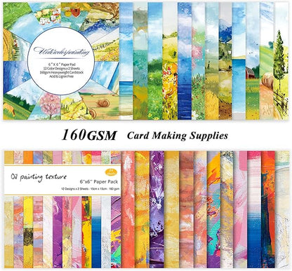 48 Sheets 24 Designs Scrapbook Paper Pad, 6"×6" Single-Sided Decopodge Craft Cardstock Paper,Scrapbooking DIY Decorative Background Cardmaking Supplies.Oil Painting&Landscape