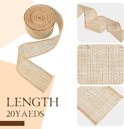 20 Yard 2 Inches Burlap Ribbon Wide Jute Ribbon Natural Burlap Fabric Roll Wired Edge for Wreaths, Christmas Tree Decoration, Big Bow Crafts, Gift Wrapping, Wedding